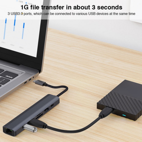 BYL-2303 Adaptateur HUB de station d'accueil multifonction USB-C / Type-C vers USB 7 en 1 SH442264-09