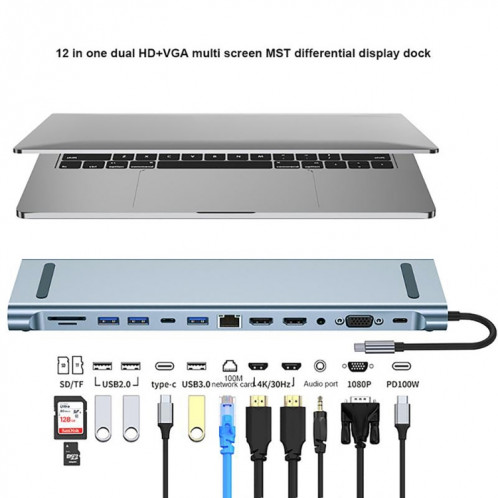 BYL-2003U2 12 en 1 USB-C / Type-C vers USB Adaptateur HUB de Station d'Accueil Multifonctionnel SH4424274-09