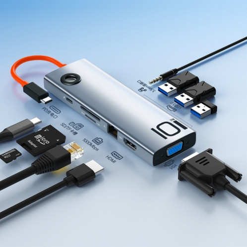 ROCK TR30 Type-C vers HDMI VGA Audio USB 3.0 SDTF LAN Multi Splitter Adaptateur 10 en 1 PD Station d'Accueil HUB (Argent Noir) SR67YB1332-012