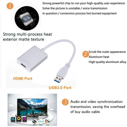 Câble convertisseur de carte graphique externe USB3.0 vers HDMI (argent) SH870S1450-010