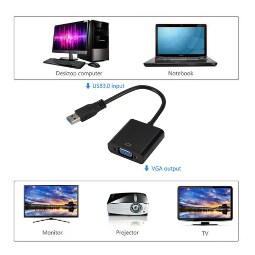 Câble de convertisseur de carte graphique externe USB3.0 vers VGA, résolution: 720P (noir) SH871B1855-05