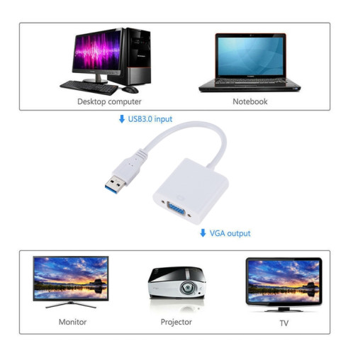 Câble de convertisseur de carte graphique externe USB3.0 vers VGA, résolution: 720P (blanc) SH871W1028-05