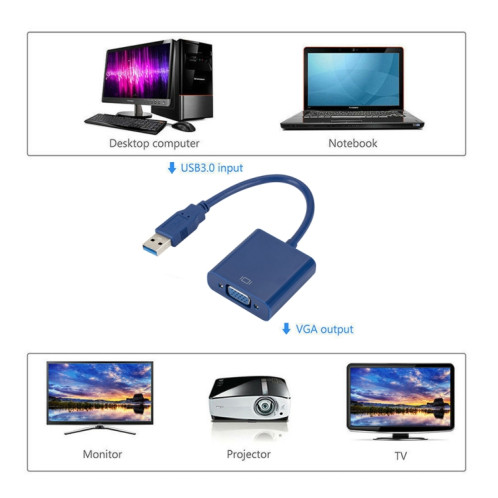 Câble de convertisseur de carte graphique externe USB3.0 vers VGA, résolution: 1080P (bleu) SH872L1579-05