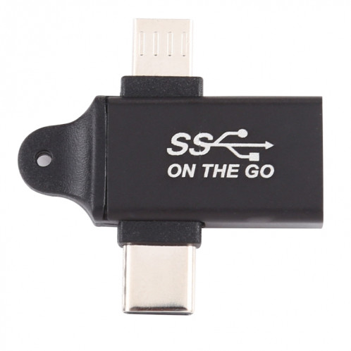 Adaptateur USB 3.0 Femelle vers Type-C / USB-C Mâle + Micro Mâle en Alliage d'Aluminium (Noir) SH955B778-05