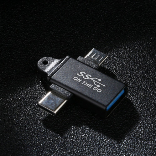 Adaptateur USB 3.0 Femelle vers Type-C / USB-C Mâle + Micro Mâle en Alliage d'Aluminium (Noir) SH955B778-05