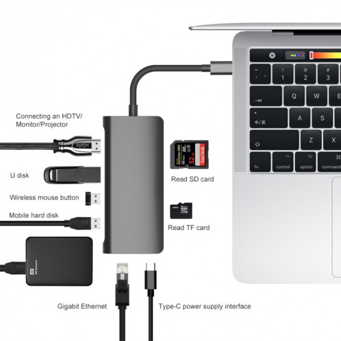 9591C 8 en 1 Carte USB 3.0 x3 + SD / TF + HDMI + RJ45 + TYPE-C / USB-C (PD) Station de conversion de hub multifonctions Station d'accueil (Noir) SH081B45-07