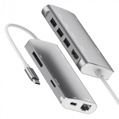 9591C 9 en 1 USB 3.0 x3 + carte SD / TF + HDMI + RJ45 + Type-C / USB-C (PD) Station d'accueil de convertisseur de concentrateur multifonction (argent) SH081S1810-012