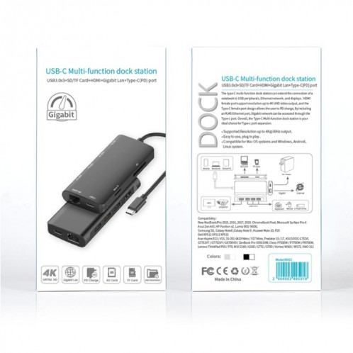 9591C 9 en 1 USB 3.0 x3 + carte SD / TF + HDMI + RJ45 + Type-C / USB-C (PD) Station d'accueil de convertisseur de concentrateur multifonction (argent) SH081S1810-012