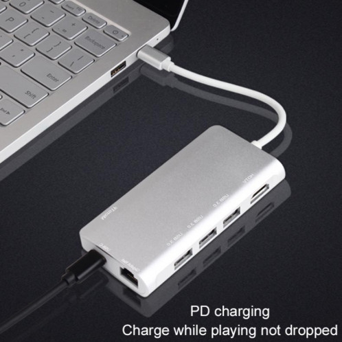9591C 9 en 1 USB 3.0 x3 + carte SD / TF + HDMI + RJ45 + Type-C / USB-C (PD) Station d'accueil de convertisseur de concentrateur multifonction (argent) SH081S1810-012