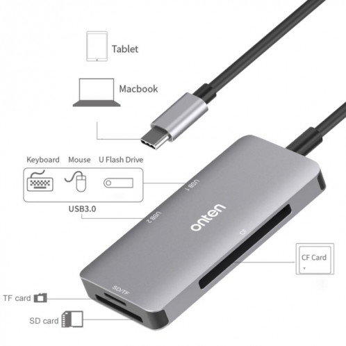 Onten 91882 5 en 1 USB3.0 x3 + SD + TF + CF Type-C / USB-C OTG lecteur de carte multifonction SO50821308-011