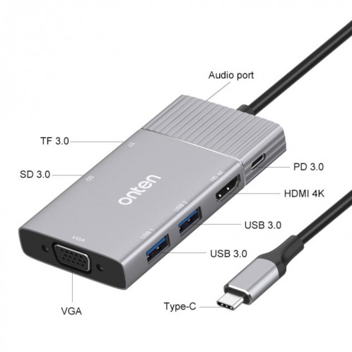 Onten 95113 8 en 1 USB 3.0 x2 + SD / TF + HDMI / VGA + Jack 3,5 mm + Type-C / USB-C (PD 3.0) Station d'accueil de convertisseur HUB multifonction SO5083436-013