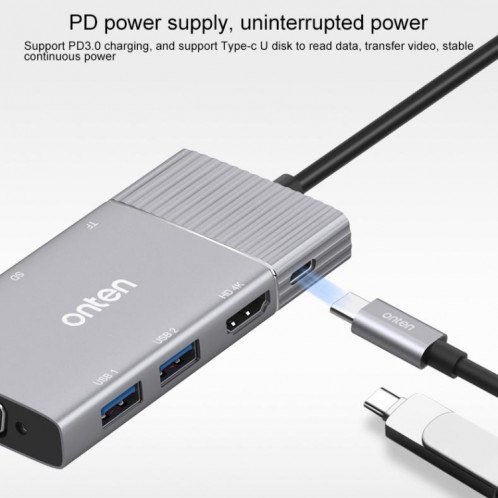 Onten 95113 8 en 1 USB 3.0 x2 + SD / TF + HDMI / VGA + Jack 3,5 mm + Type-C / USB-C (PD 3.0) Station d'accueil de convertisseur HUB multifonction SO5083436-013