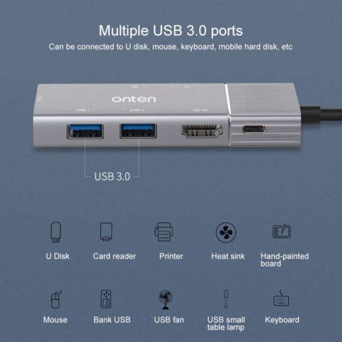 Onten 95113 8 en 1 USB 3.0 x2 + SD / TF + HDMI / VGA + Jack 3,5 mm + Type-C / USB-C (PD 3.0) Station d'accueil de convertisseur HUB multifonction SO5083436-013