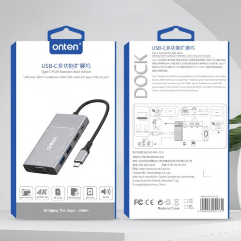 Onten 95113 8 en 1 USB 3.0 x2 + SD / TF + HDMI / VGA + Jack 3,5 mm + Type-C / USB-C (PD 3.0) Station d'accueil de convertisseur HUB multifonction SO5083436-013
