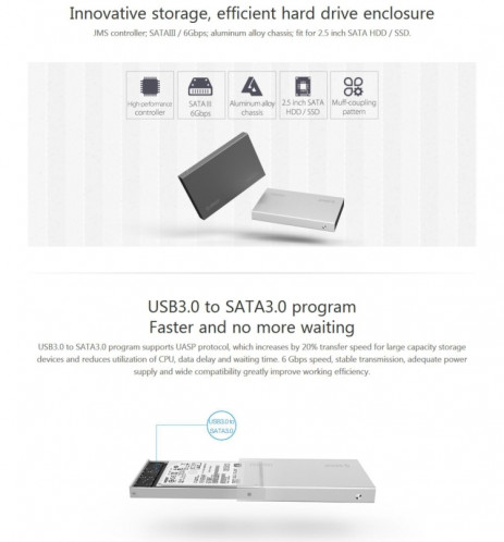ORICO 2518S3 USB3.0 externe disque dur boîte de rangement pour 7mm et 9.5mm 2.5 pouces SATA HDD / SSD (argent) SO870S1321-012