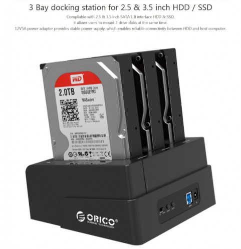 ORICO 6638US3-C 3 baies USB 3.0 Type-B à SATA Disque dur externe Boîtier de stockage Station d'accueil disque dur / Duplicateur pour 2,5 pouces / 3,5 pouces SATA HDD / SSD SO5881733-010