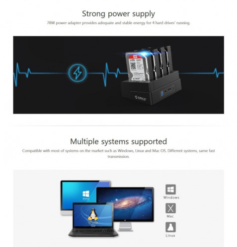 ORICO 6648US3-C-V1 4 baies USB 3.0 Type-B vers SATA Disque dur externe Boîtier de stockage Station d'accueil disque dur / Duplicateur pour disque dur SATA / SSD 2,5 pouces / 3,5 pouces SO58821003-014
