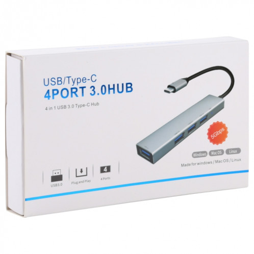 3019T 4 x USB 3.0 vers USB-C / Adaptateur HUB en alliage d'aluminium de type C avec indicateur LED SH6050454-010