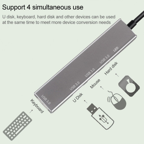 3019T 4 x USB 3.0 vers USB-C / Adaptateur HUB en alliage d'aluminium de type C avec indicateur LED SH6050454-010