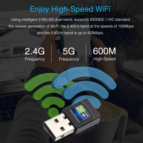 AC600Mbps 2.4GHz & 5GHz Dual Band USB 2.0 Adaptateur de lecteur WiFi gratuit Carte réseau externe SH60911209-011