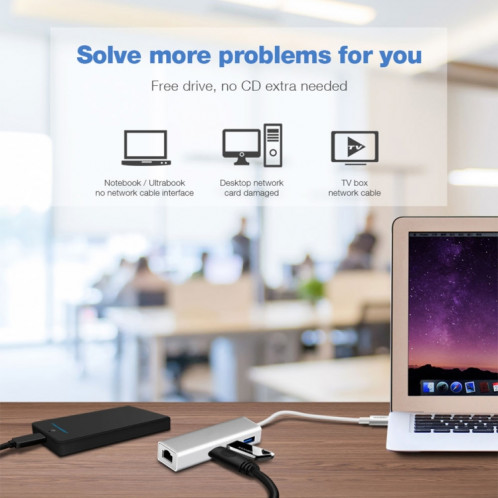 Coque en aluminium 3 ports USB3.0 HUB + adaptateur Gigabit Ethernet USB-C / Type-C SH60951067-06