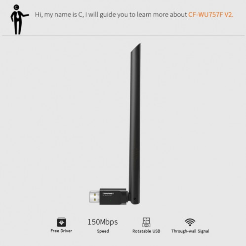 COMFAST CF-WU757F Adaptateur WiFi sans fil USB 2.0 de pilote sans fil 150Mbps Carte réseau externe avec antenne externe 6dBi SC62271742-09