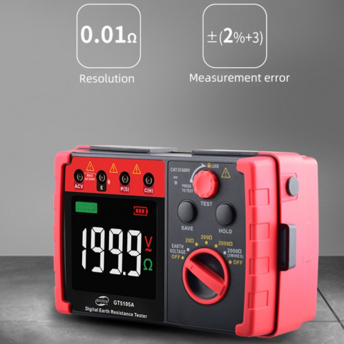 Benetech GT5105A Professional LCD Testeur de résistance numérique Megger Terre Testeur de tension de résistance au sol SB6436960-07