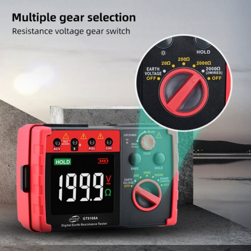 Benetech GT5105A Professional LCD Testeur de résistance numérique Megger Terre Testeur de tension de résistance au sol SB6436960-07