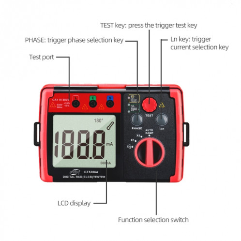 Benetech GT5206A Testeur de commutateur de protecteur de fuites numériques numériques LCD SB6437161-08
