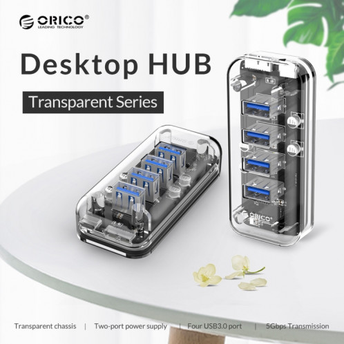 ORICO F4U 4 x ports USB 3.0 HUB de bureau pour transmission rapide 5 Gbps avec voyant bleu (transparent) SO520T1776-010