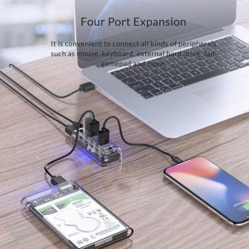 ORICO F4U 4 x ports USB 3.0 HUB de bureau pour transmission rapide 5 Gbps avec voyant bleu (transparent) SO520T1776-010