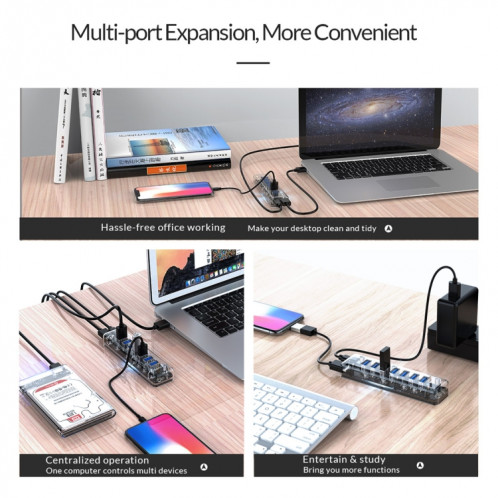 ORICO F7U 7 x ports USB 3.0 HUB de bureau à transmission rapide de 5 Gbps avec voyant bleu (transparent) SO521T463-011