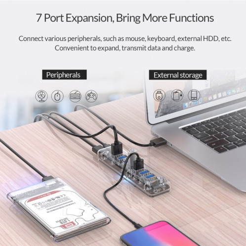 ORICO F7U 7 x ports USB 3.0 HUB de bureau à transmission rapide de 5 Gbps avec voyant bleu (transparent) SO521T463-011