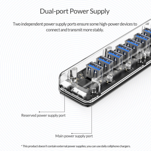 ORICO F7U 7 x ports USB 3.0 HUB de bureau à transmission rapide de 5 Gbps avec voyant bleu (transparent) SO521T463-011