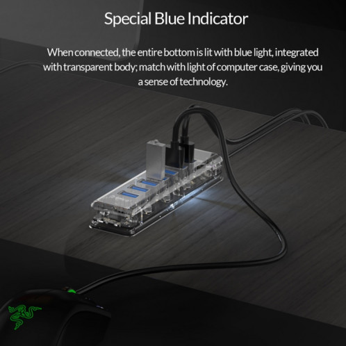 ORICO F7U 7 x ports USB 3.0 HUB de bureau à transmission rapide de 5 Gbps avec voyant bleu (transparent) SO521T463-011