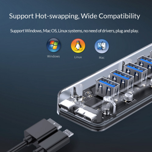 ORICO F7U 7 x ports USB 3.0 HUB de bureau à transmission rapide de 5 Gbps avec voyant bleu (transparent) SO521T463-011
