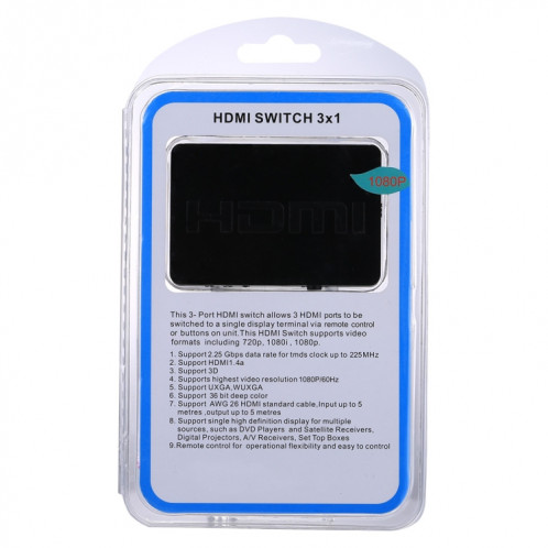 1080P 3 x 1 ports (3 ports d'entrée x 1 port de sortie) Commutateur HDMI avec télécommande SH6690278-011