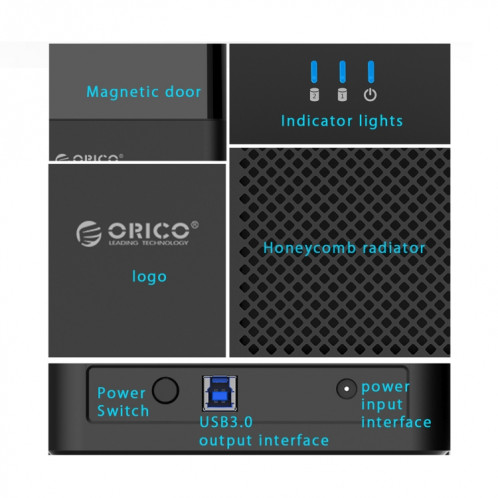 ORICO DS200U3 Boîtier de disque dur USB 3.0 à baie magnétique de 3,5 pouces avec indicateur LED bleu (noir) SO980B1767-011