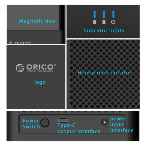 ORICO DS200C3 Boîtier de disque dur de type magnétique USB-C / Type-C de 3,5 pouces à 2 baies avec voyant bleu (noir) SO981B1299-012