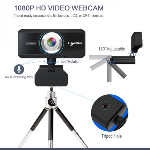 HXSJ S4 1080P Caméra 180 ° HD réglable à mise au point manuelle avec caméra Vedio Webcam PC avec microphone (noir) SH410B1719-015
