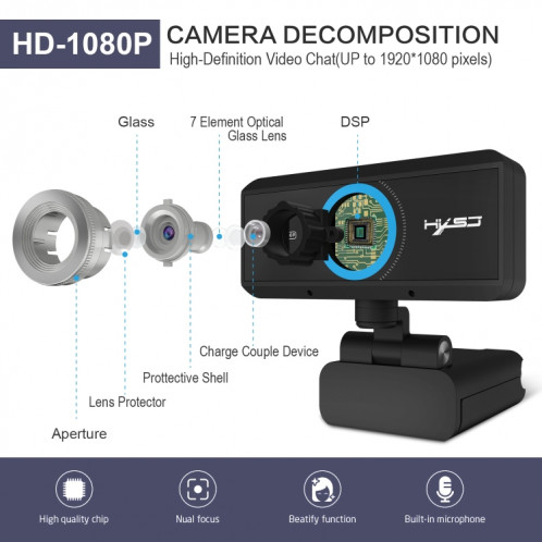 HXSJ S4 1080P Caméra 180 ° HD réglable à mise au point manuelle avec caméra Vedio Webcam PC avec microphone (noir) SH410B1719-015