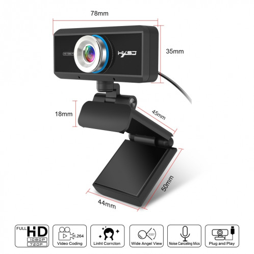 HXSJ S4 1080P Caméra 180 ° HD réglable à mise au point manuelle avec caméra Vedio Webcam PC avec microphone (noir) SH410B1719-015