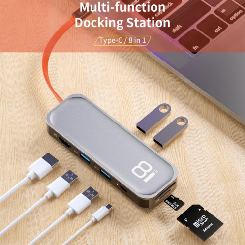 Adaptateur de concentrateur d'extension multifonction ROCK TR03 8 en 1 Type-C / USB-C vers HDMI (gris) SR452H429-011