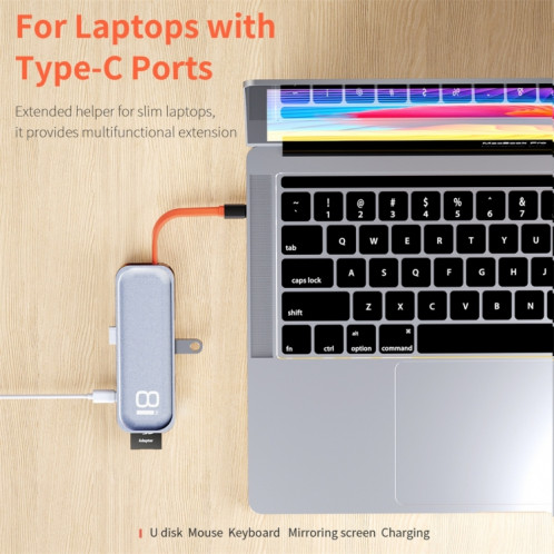 Adaptateur de concentrateur d'extension multifonction ROCK TR03 8 en 1 Type-C / USB-C vers HDMI (gris) SR452H429-011