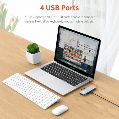 Adaptateur de concentrateur d'extension multifonction ROCK TR03 8 en 1 Type-C / USB-C vers HDMI (gris) SR452H429-011