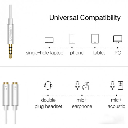 Ugreen 3.5mm Mâle à 2 x 3.5mm Femelle Audio Adaptateur Connecteur Câble 2 en 1 Microphone + Écouteur Splitter Câble Convertisseur SU7811456-09