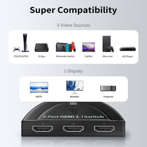 Boîte de sélection de sélecteur HDMI 8K à 3 ports avec câble en queue de cochon (noir) SH881B662-07