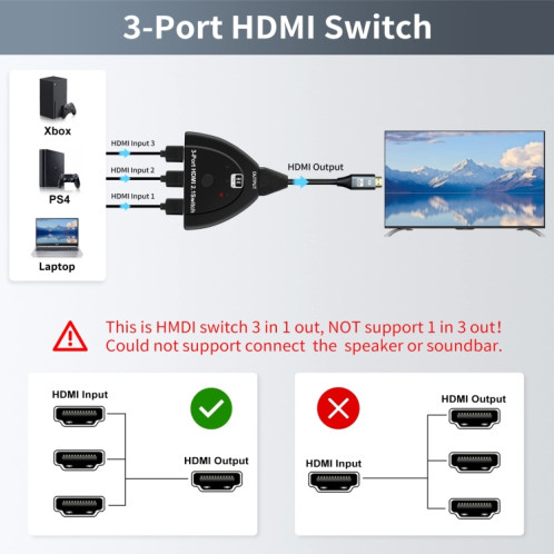 Boîte de sélection de sélecteur HDMI 8K à 3 ports avec câble en queue de cochon (noir) SH881B662-07
