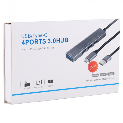 3019 4 x USB 3.0 vers USB 3.0 Adaptateur HUB en alliage d'aluminium avec indicateur LED (gris argenté) SH58SH1361-06