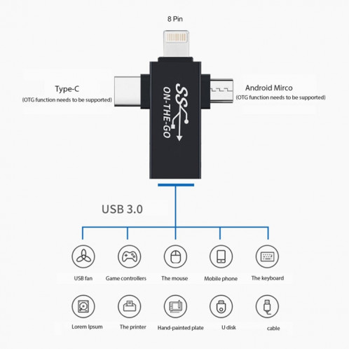 Adaptateur OTG multifonction 3 en 1 USB 3.0 à 8 broches + Micro USB + Interface USB-C / Type-C SH8369882-08